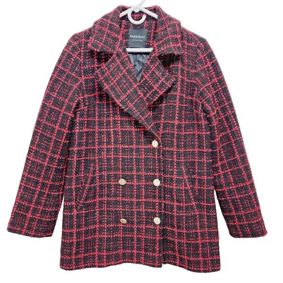 Bagatelle Collection Tweed Jacket Pea Coat Size S Women's Red Black Plaid - Picture 1 of 11